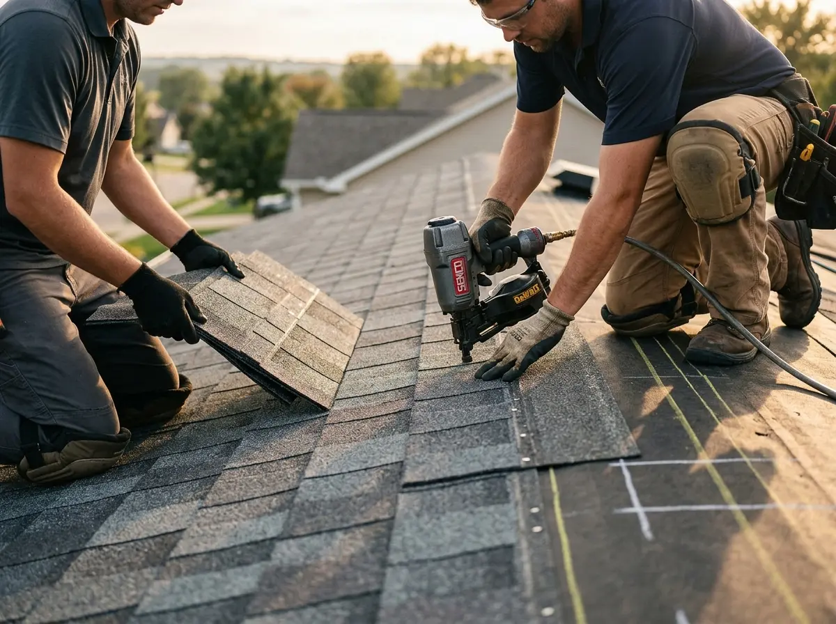 Professional roofer working on a residential roof in Brockton